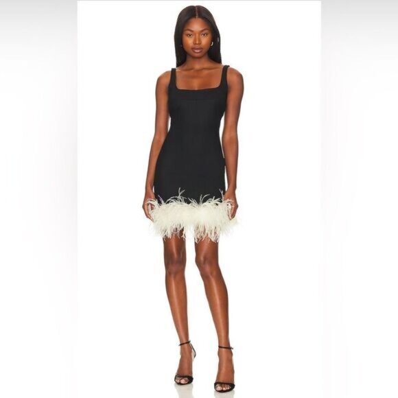 MANURÍ Rinna Ostrich Feather Trim Square Neck Dress Black White Revolve Small - Picture 2 of 9